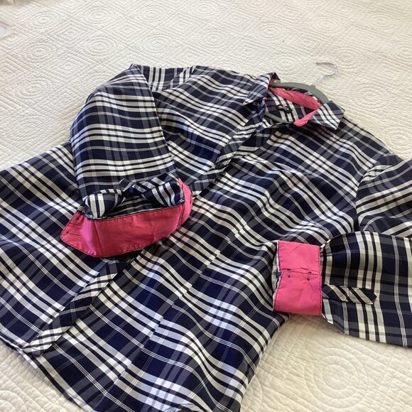 Beluva San Francisco Button Up Shirt Crinkle Blue Plaid Long Sleeves Size L - Picture 10 of 11